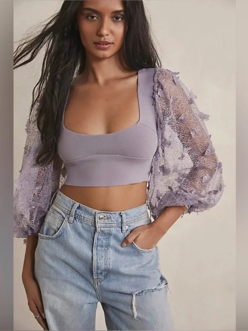 Free People Flutter By Crop Top Long Sleeve
